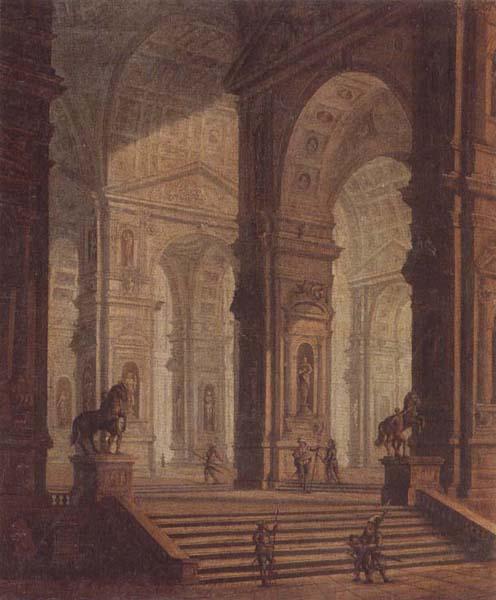 unknow artist The interior of a classical building,with soldiers guarding the entrance at the base of a set of steps France oil painting art
